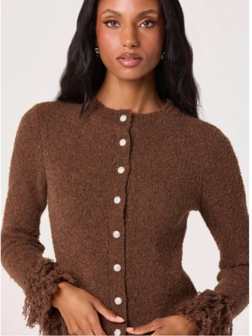 ASTR Brown Fringe-Cuff Button Cardigan Size L